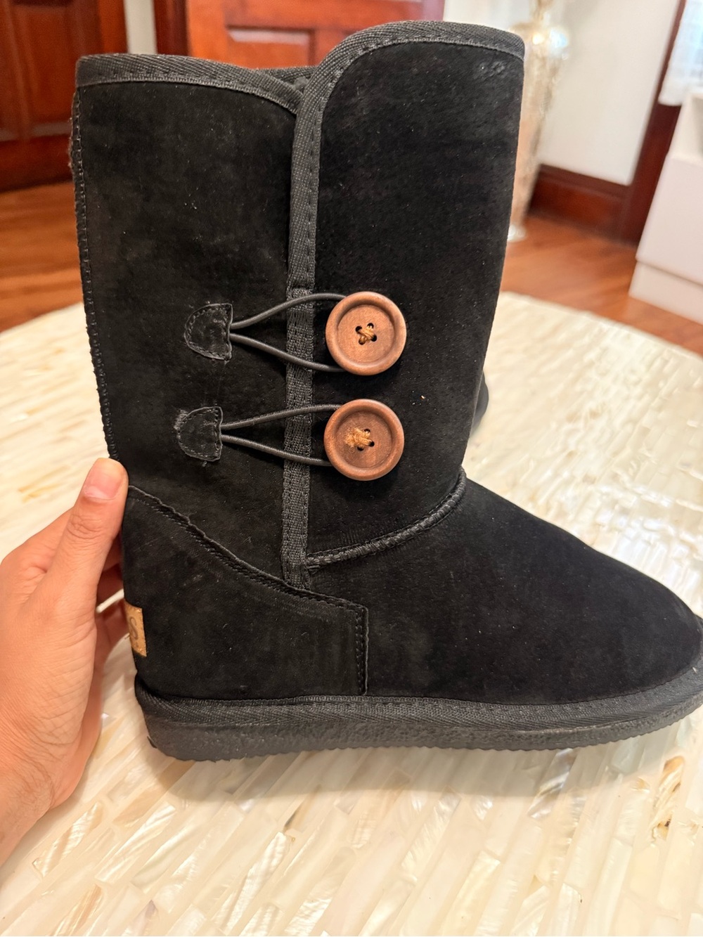 Women's Black Suede-Look Button Side Boot Slippers